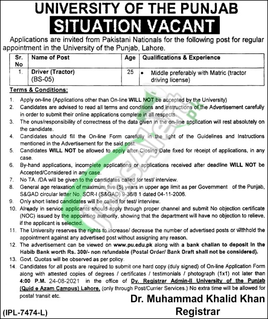 Punjab University PU Lahore Jobs 2021 Application Form