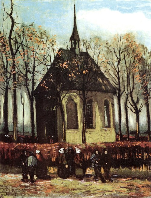 post-impressionisms: Congregation Leaving the Reformed Church in Nuenen, Vincent van Gogh. 1884