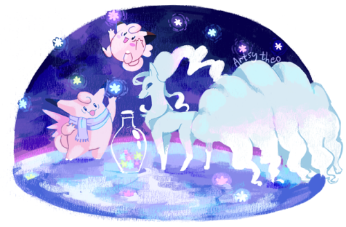 artsy-theo:Clefairy, Clefable, and Ninetales gather konpeito!
