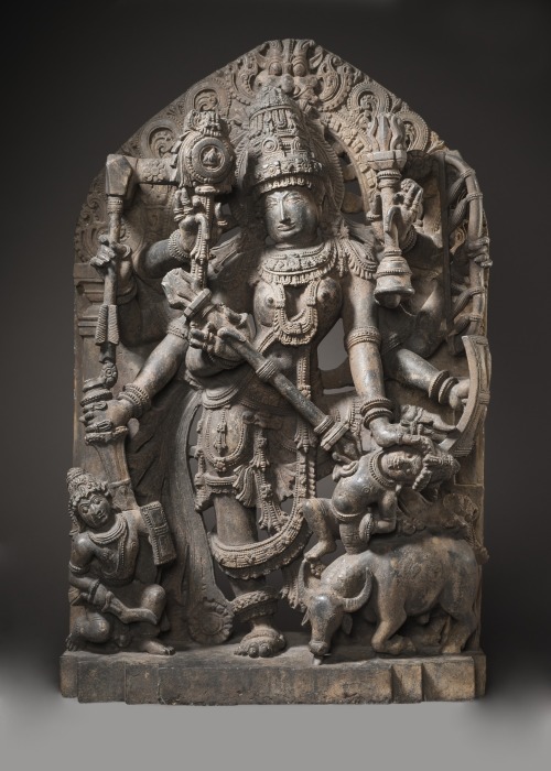 The Hindu goddess Durga defeats the buffalo demon Mahishashura.  Unknown Indian artist; 13th century