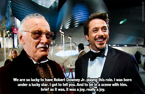 cannonballonfire:Stan Lee and Robert Downey Jr. behind the scenes of “Iron Man”, (2008). Dir. Jon Fa