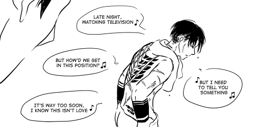 ackergay:  Based on this soulmates AU (getting a song stuck in your head because your soulmate is singing it somewhere) (lol)Eren suffered quite much because Levi only sings Top 40 Pop Song or something, but now that he knows the person who’s singing
