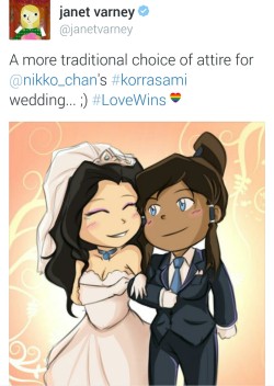 blackbird-brewster:  Meanwhile on Twitter…Janet Varney fangirls over Korrasami with #LoveWins  