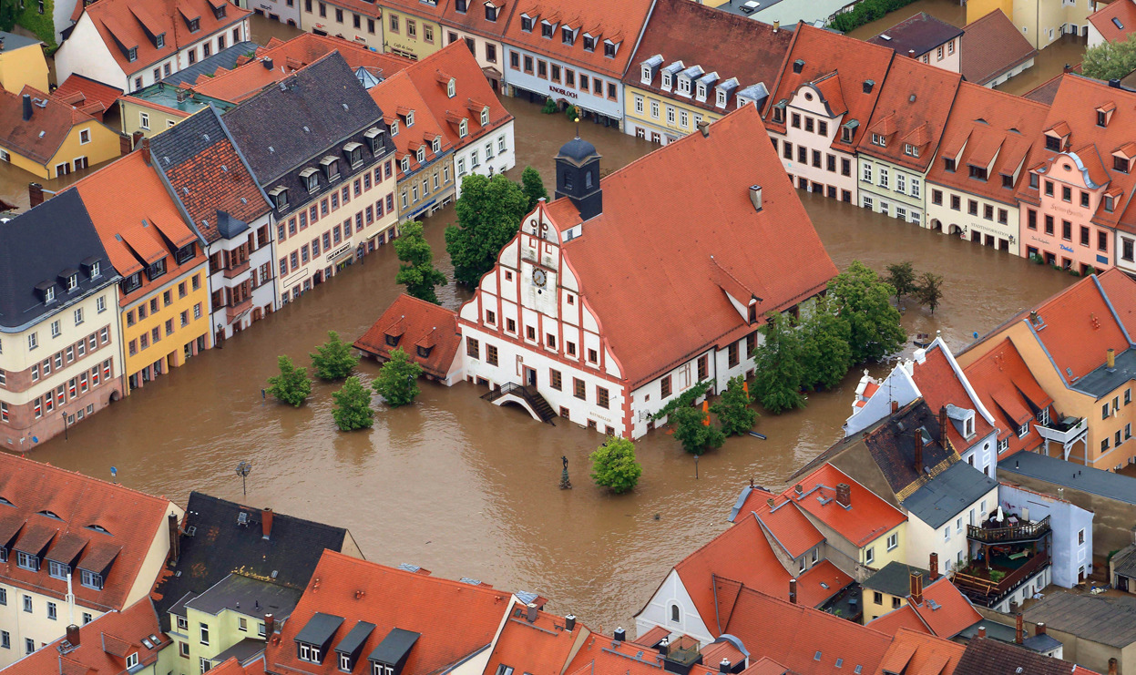 From Flooding Across Central Europe, one of 36 photos. The city hall of Grimma, Germany, surrounded by floodwater, on June 3, 2013. Flooding has spread across a large area of central Europe following heavy rainfall in recent days. Eastern and...