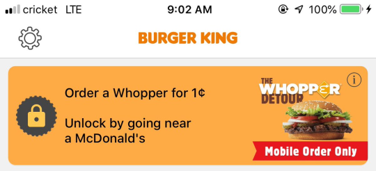 gayvian: manslaughter:   burger king is offering a 1 cent whopper through their mobile app if you unlock the coupon while at a mcdonald’s   why does the burger king app have quests 