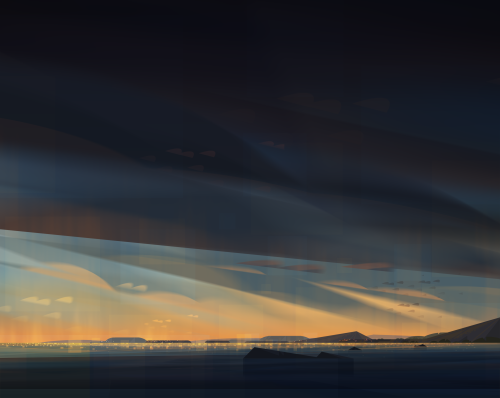Backgrounds from my graduation film J’attends la nuit. Sunset and night on the lake. The last one is