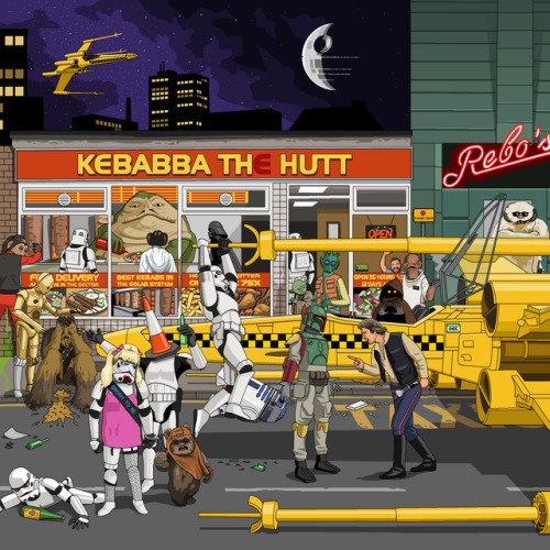 Dear Jim, Please paint an intergalactic chip shop. A high street outlet on a Friday night / Saturday