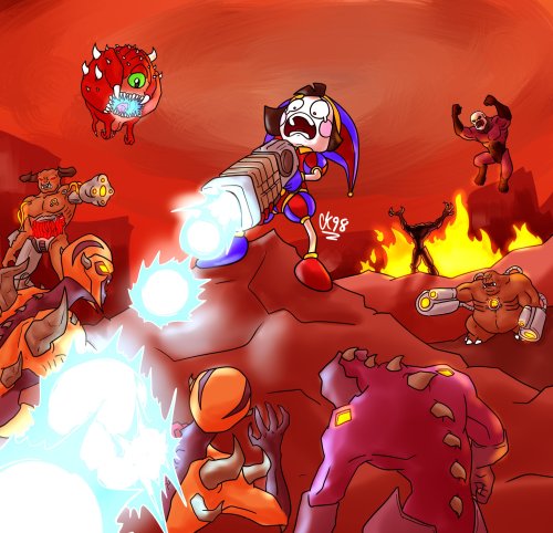 live feed of me fighting off lack of money/j (it's a picture of Pomni fighting monsters from Doom Eternal)