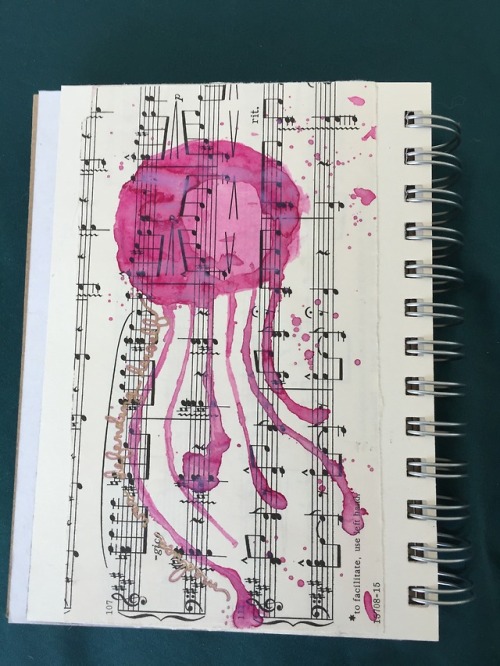 “medusa”, art journal, 2018 matls: found/collected paper, liquitex ink in magenta, 