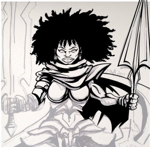 Inking old drawing from my sketchbook #workinprogress #sketch #blackwomanart #inking #fantasyartht