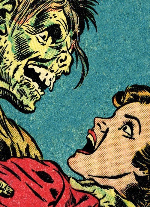 vintagegal:  Comic illustration adapted from art by Reed Crandall & George Peppe from The Corpse That Came to Dinner in the July 1953 issue of Out of the Shadows #9- for the cover of Four Color Fear: Forgotten Horror Comics of the 1950s 