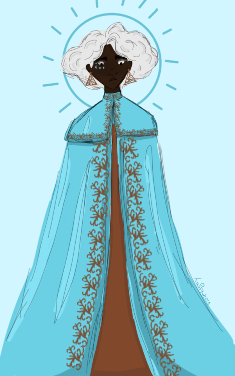 violetsgay: lucretia [image description: a drawing of Lucretia standing in front of a light blue bac