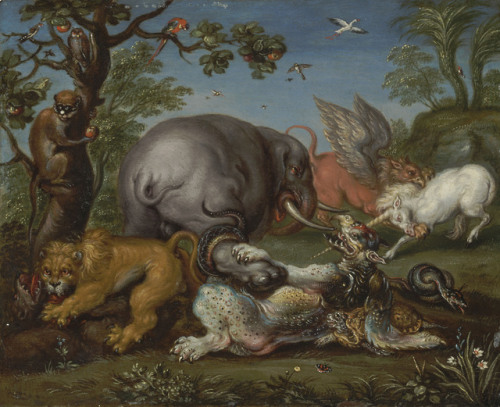 Circle of Roelandt Savery, A battle between a dragon and an elephant, a griffin and a unicorn and a 