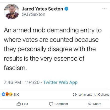 dramaticowl:[Image description: tweet by Jared Yates Sexton @JYSexton: “An armed mob demanding entry