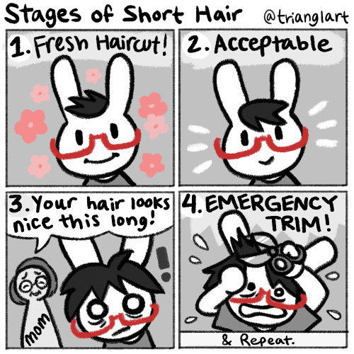 marshmallowsweetheart:trianglart:Stages of having a short (gay) haircut! an advertisement drawn