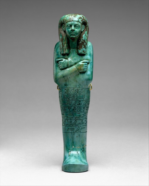 Ushabti (glazed and painted steatite) of the chief steward and scribe Seniu.  Artist unknown; ca. 15