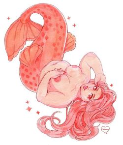 munrou: 🍑#mermay Day 09  A peachy mermaid to brighten your day. Been working hard this week to prepare for PRCC next week.  #mermaid #illu #watercolorpainting #plussizeart 