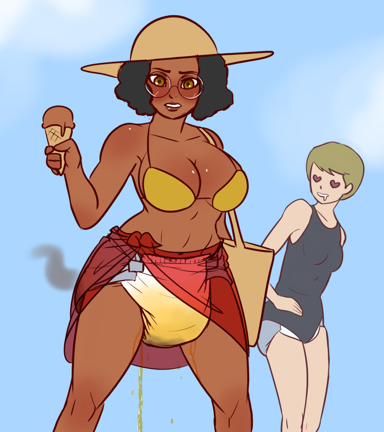 Another beach day, and Katie was sure her padding could hold one more ‘accident’!Characters