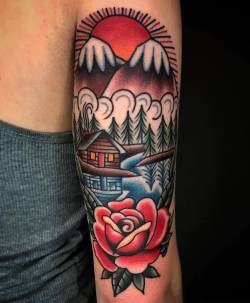 tattoosnob:  Cabin Scenery by @midwestphil at Allied Tattoo in Brooklyn, New York. #cabin #mountains #lake #rose #midwestphil #alliedtattoo #brooklyn #newyork #ny #tattoo #tattoos #tattoosnob http://ift.tt/2hh4u3g