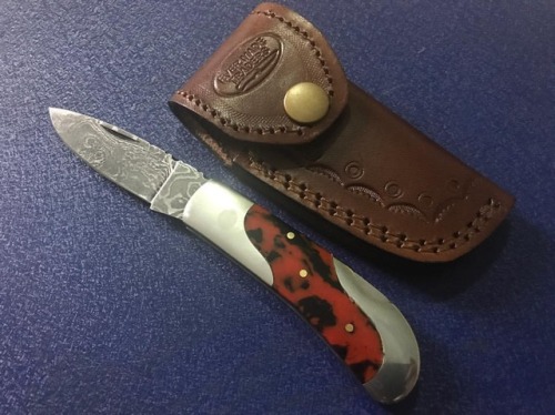 #Handmade #damascus #folding #knife for #sale #with #leather #sheathPm me or comment below for more 