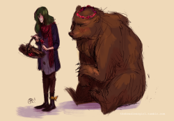 theheadlessgirl:  posting this morning’s twitter warmup to get that text down on my blog a bit.  I’ve been getting overly invested in new AUs everyday, today’s is forestwitch Maki and bear-shifter Tado. 