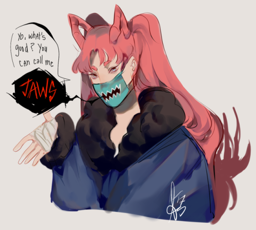 c2oh:  i made an old design into an OC. His/her name is Jaws, or at least that’s what the mask says. Hyperactive but also lazy at the same time. Grew up on a sunflower farm and has 0 understanding of city life.