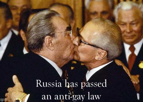 on 2004 “Russian politicians kiss goodbye to the customary embrace” via The Telegraph
on 2013 “Russian State Duma gives final approval to law banning ‘homosexual propaganda’” via PinkNews
photo depicting “Leonid Brezhnev and Erich Honecker in a...