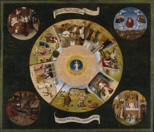 The Seven Deadly Sins and the Four Last Things (tabletop), 1485, Hieronymus BoschMedium: oil,panel