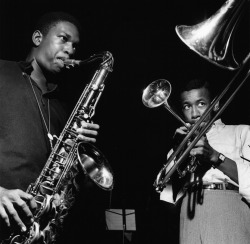 indigodreams:   bygoneeras:  John Coltrane and Lee Morgan. Blue Train sessions, 1957. 