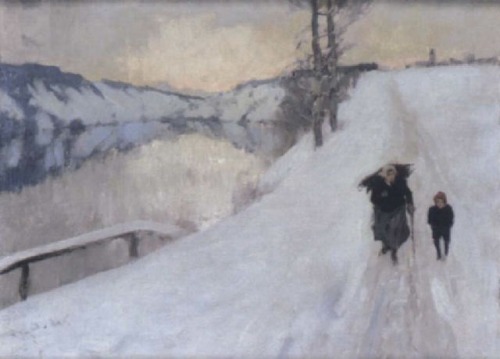 Wood collector in winter  -  Brynolf WennerbergSwedish, 1866–1950 Oil on canvas  , 37 x 48 cm. (14.6