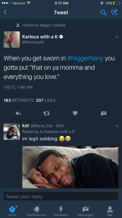 bobbicai:  Favorites so far 😂😂 If you dont know Yahoo sent some type of report or email out(im not sure which) and it had the typo “nigger navy” when they meant “bigger navy” but this shit has me weak. We can turn anything into a joke shit