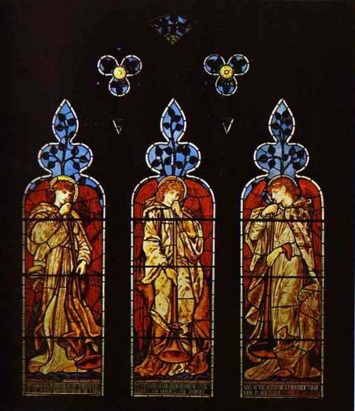 artist-edward-burne-jones: Three Trumpeting Angels, 1869, Edward Burne-Jones Medium: stainedglass