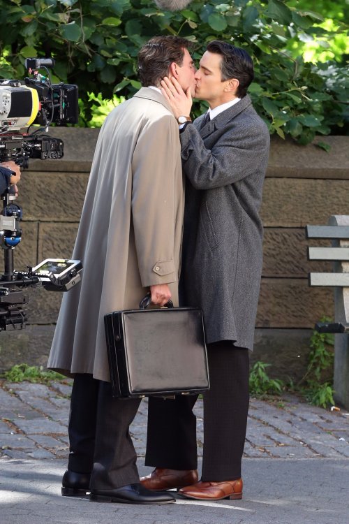 Bradley Cooper and Matt Bomer kissing on the set of Maestro