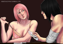 panda-capuccino: auroralynne:   SasuSaku - The Games We Play, by Aurora Lynne “Seems like you lost this round, Mrs. Uchiha…” Ok, I know this one is really late, but here’s my entry for SasuSaku Month, day 4. Hope you enjoy strip games ;D   But