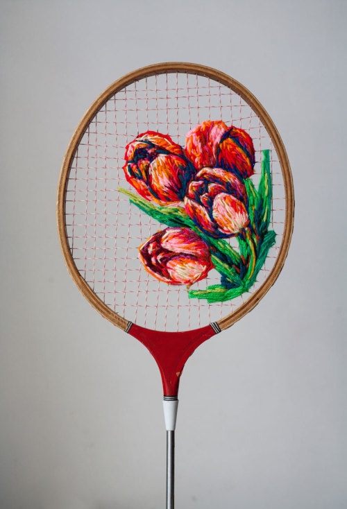 itscolossal:  Flowers Embroidered on the Strings of Vintage Rackets and Other Thread Artworks by Danielle Clough