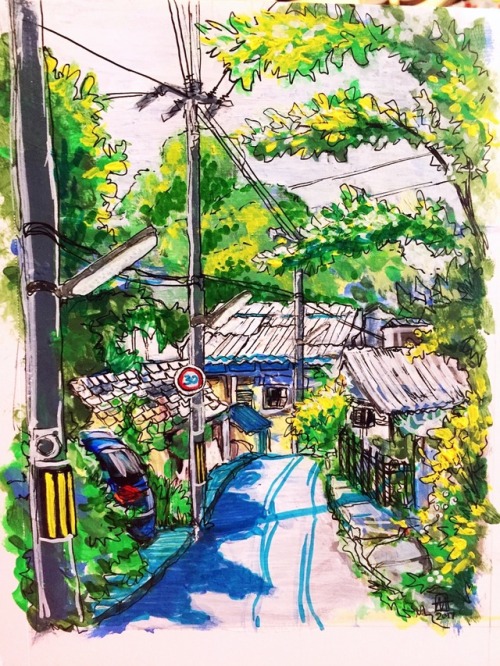 Multimedia painting of a neighborhood in Kyoto that I strolled through