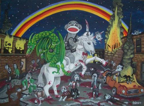 blondebrainpower:A dragon and a sock monkey ride a unicorn, amongst zombies. By Jim Ether 
