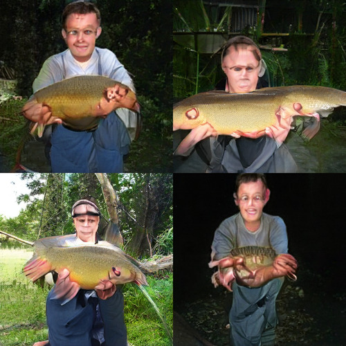 Four images which are clearly white men holding something green and speckled. In some images the green thing is more fish-textured, but in no case does it have a clear head and tail. It’s just a big fish body. Its lower fins are weirdly blended with lots and lots of pink human fingers.