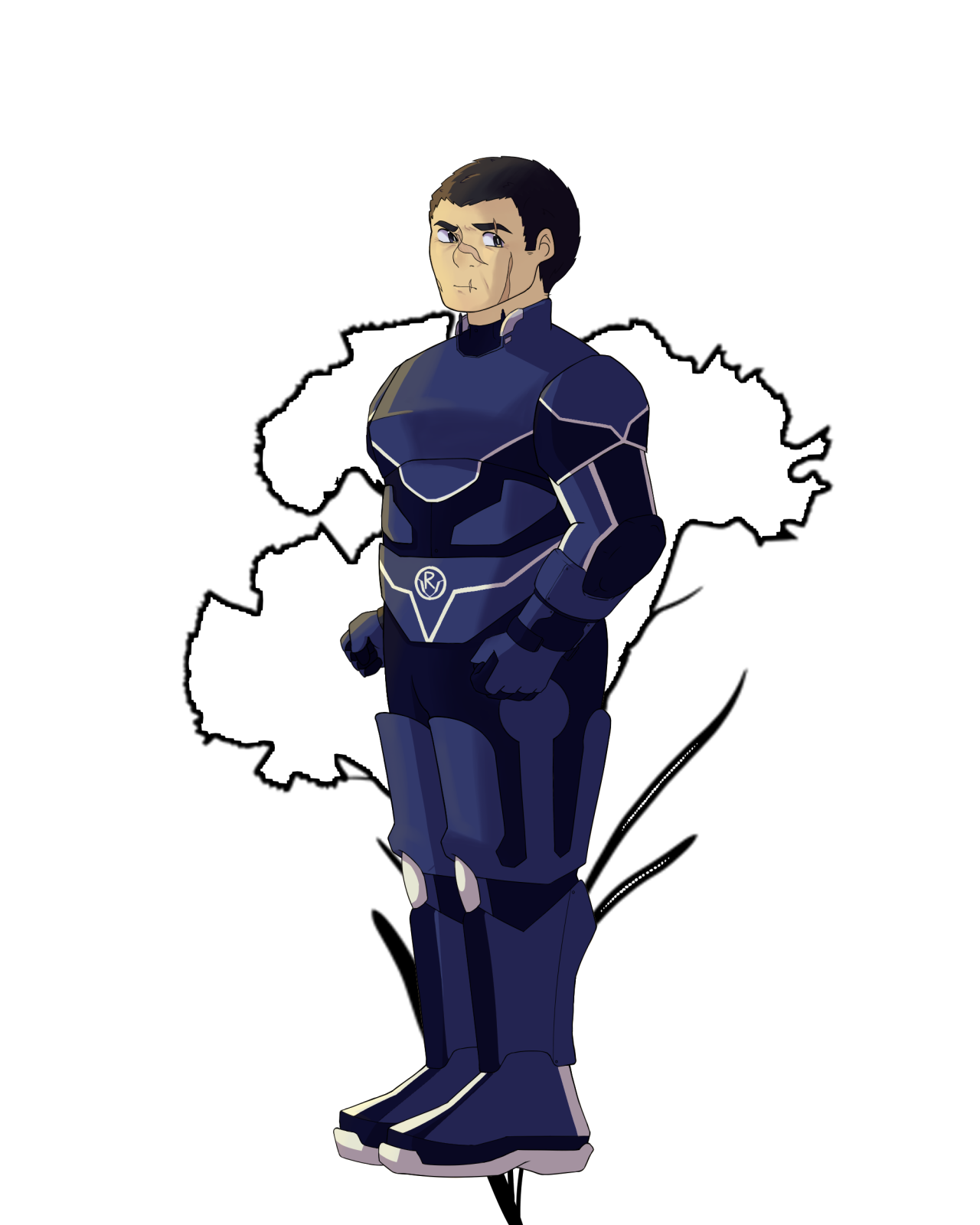 Wei Chen is a heavily scarred east-asian man with short-cropped black hair. He stands straight-backed with a severe expression and his hands balled in fists next to his hips. He is in blue, black, and white military-looking armor. He stands in front of the outline of a carnation.