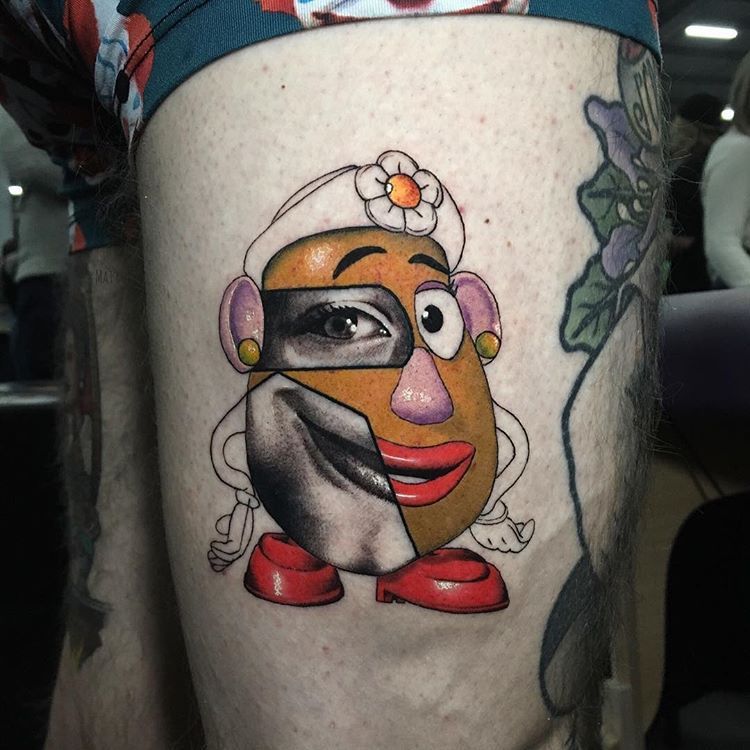 Lucky 7 Tattoo Studio  Tattoos  Jason Ackerman  Mr Potato Head tattoo  wearing a Maxi pad