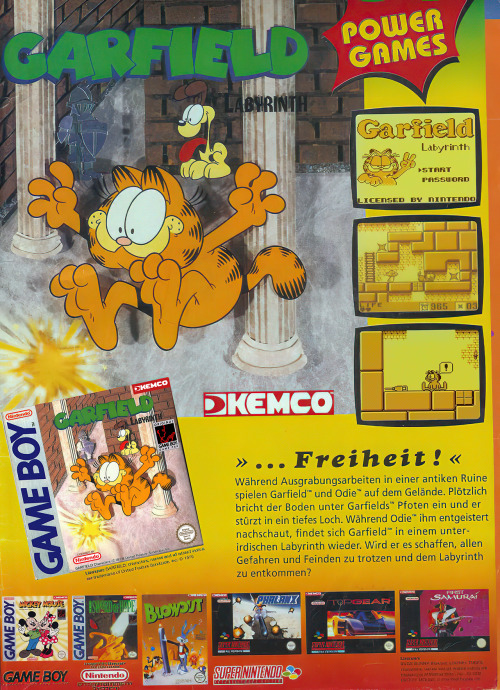 Garfield Labyrinthhttps://youtu.be/OhWsMjTyJlIKemco’s Game Boy game Garfield Labyrinth, which 