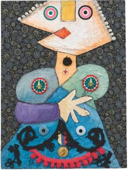 theegoist:Enrico Baj (Italian, 1924-2003) - Dama Di Compagnia (Chaperon), acrylic, collage, wadding, passamenerie, decorations and objects on fabric, 49.00 x 36.00 cm (1968)