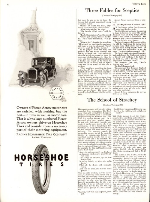 Vanity Fair page from 1923 featuring an ad for Horseshoe tires and a Pierce Arrow