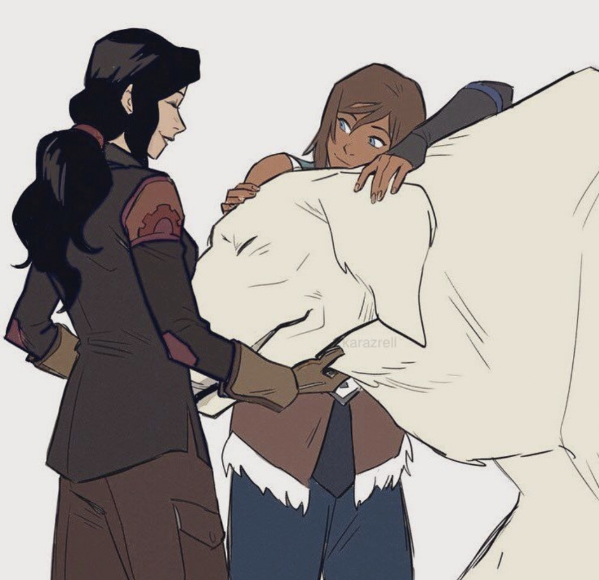 Naga, nuzzling in Asami's hands, with Korra looking at them lovingly.