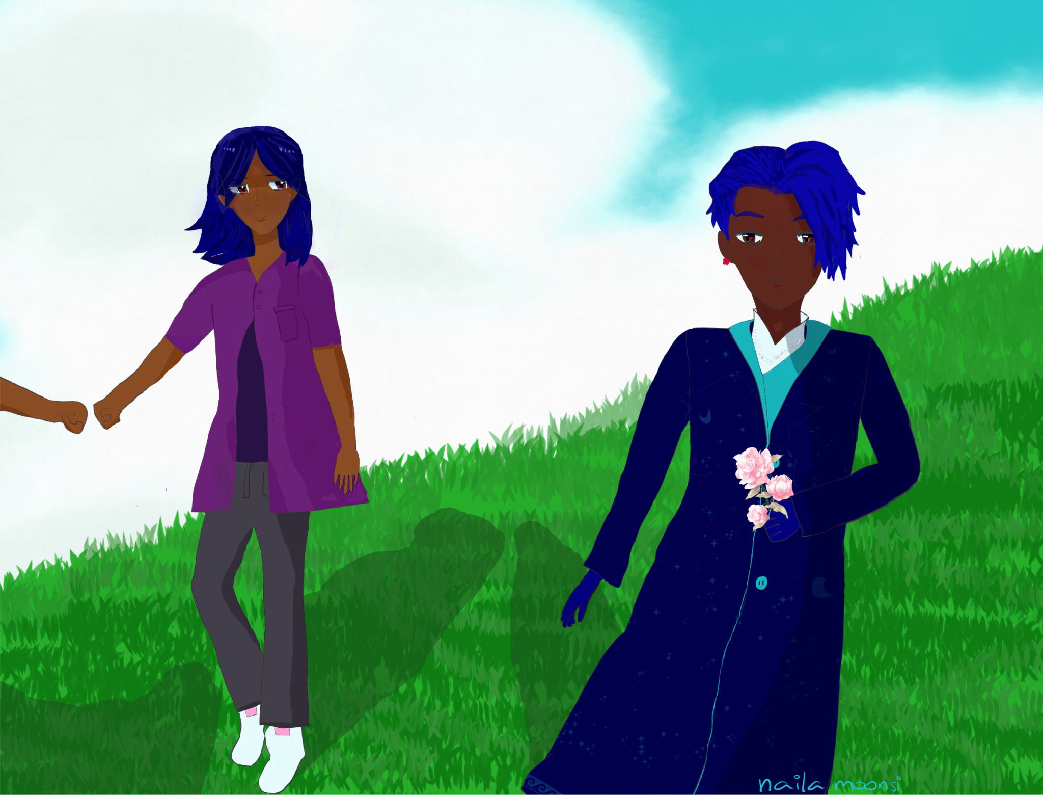Armando (left) fist-bumping an individual walking away, unseen by the viewer. He has tanned medium brown skintone, wears a violet overshirt and a dark purple undershirt, gray pants and white sneakers with pink socks. The overshirt is longer, falling below his thighs a bit. He’s posed atop a green hill watching Ranvir walking away wistfully. Ranvir (right) is further away, closer to the viewer, looking melancholy while staring at a pink flower in his hand. He has dark brown skin, is wearing blue gloves and a dark blue coat with aquamarine trimming, stars and cloud designs, which is implied to be his family’s uniform.