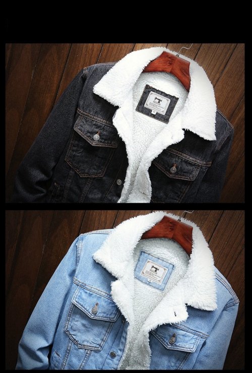 Men Light Blue Winter Jean Thicker Jackets Warm Denim Coats | Wool Liner