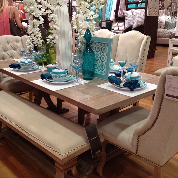 Love the fabric chairs and bench for the dining room! And adore the wood table! #want