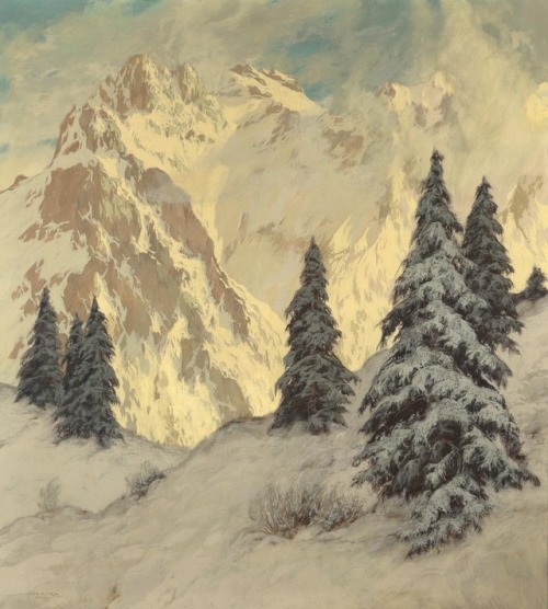 Hugo Hodiener (1886 - 1945) - Winter Evening in the Karwendel. Oil on canvas.