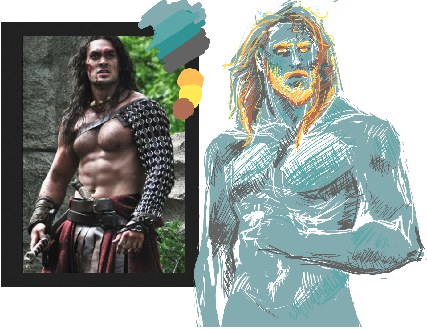 form and shading study using conan the barbarian remake reference pic, in ashy green and fire colors, shirtless male human person demon ifrit guy in 30s with beard and fun scrungly hair; waist-up image simple staring off into distance pose