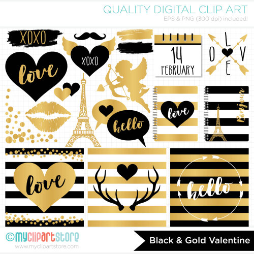 Digital Stamps - Hipster Valentines Day / Black & Gold foil - Digital Clip Art (Instant Download